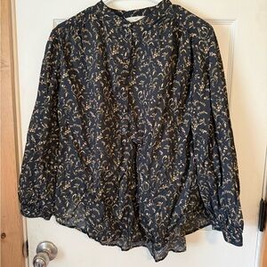 H&M Black Navy yellow Floral 1/2 Button-Up Blouse